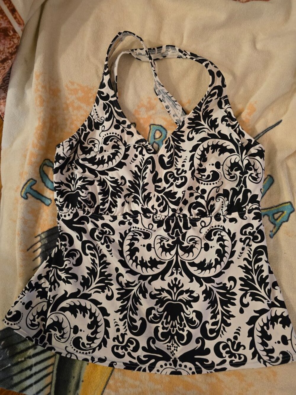 Black & White Paisley Swim Top with Criss Cross Straps